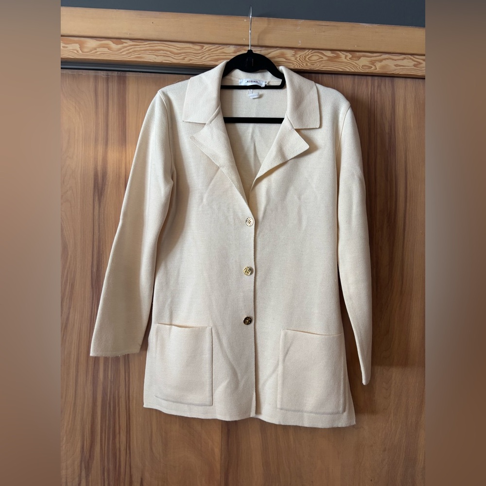 French Cardigan, Cream lightweight Blazer, Rodier Paris, beige wool Knit Sweater